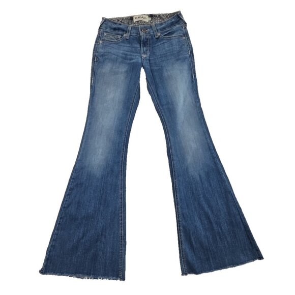 Ariat Real Denim Women's Jeans Size 28R Med Wash Flair Leg Raw Hem Heavy Stitch - Picture 1 of 16